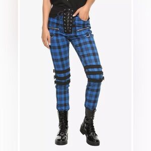 TRIPP Royal Bones Blue and Black Plaid Zipper and Laceup pants NWT